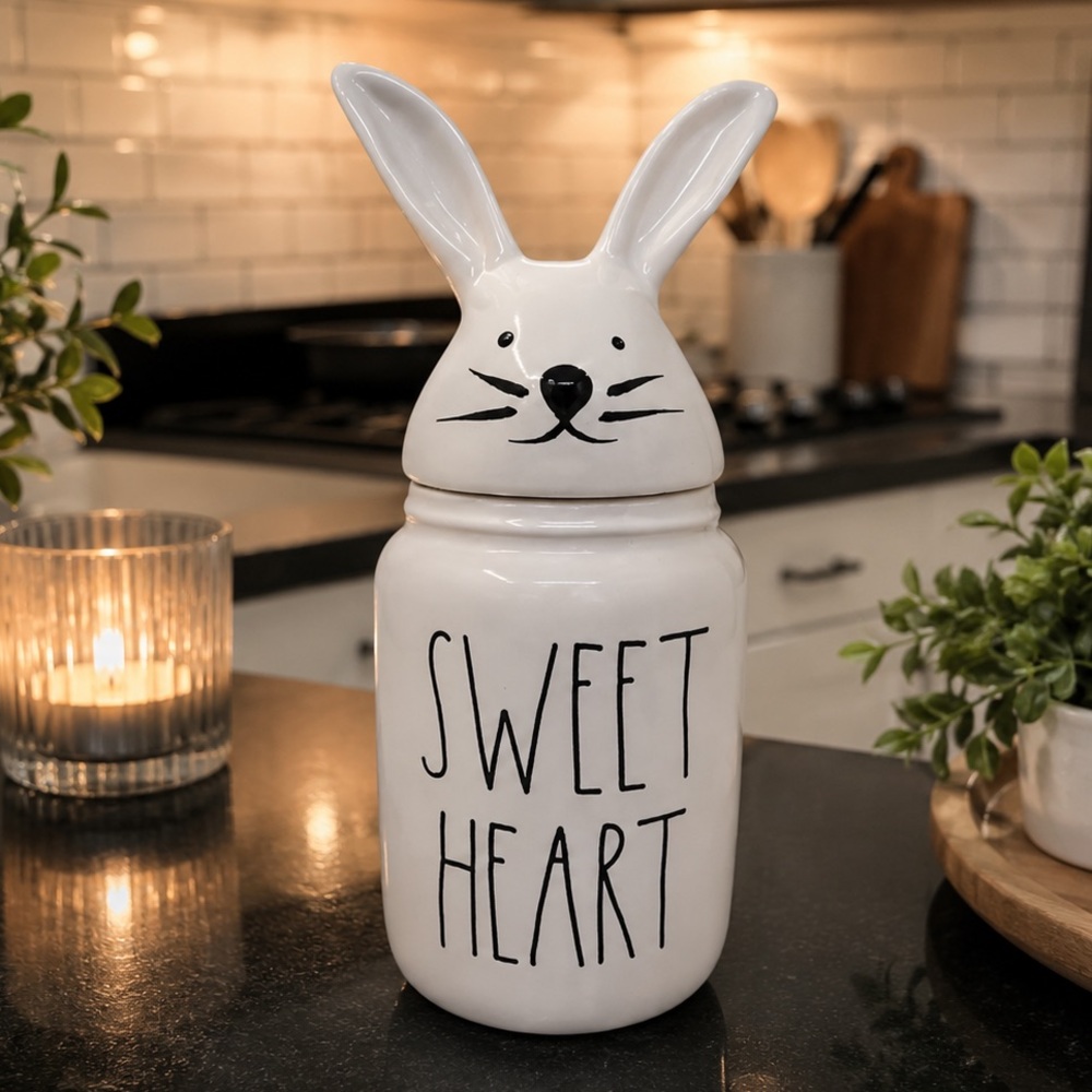 Rae Dunn SWEET HEART  10” Container with Bunny Ear Lid, excellent condition